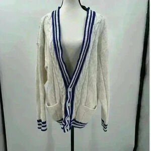 GAP Women's White & Blue Nautical Chunky Knit Cotton Button-Up Cardigan -‎ Large